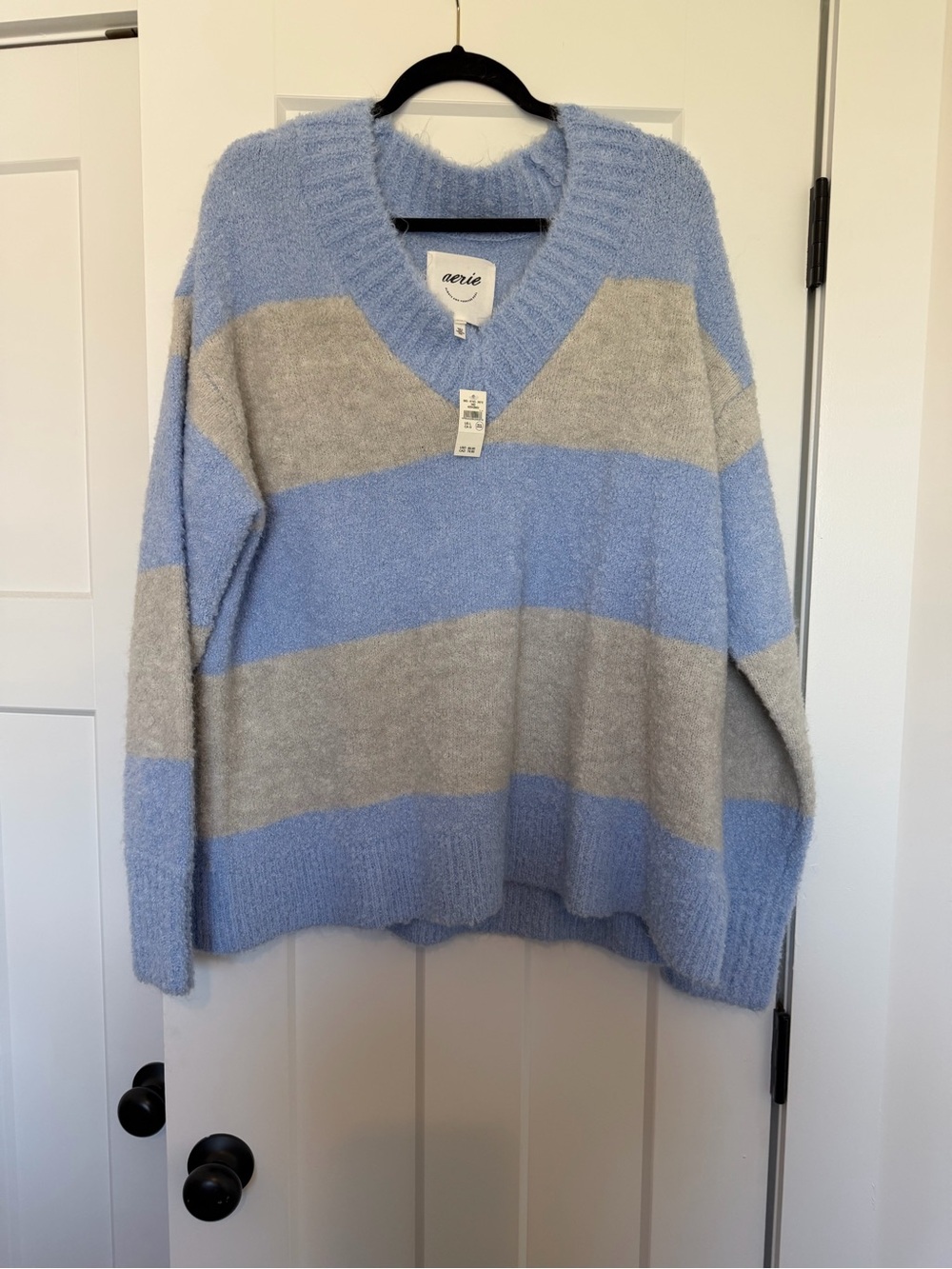 aerie Sky Blue and Light Gray Striped V-Neck Pullover